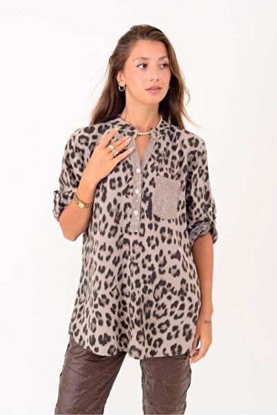 Park Moda 15451-23 2025 Leopar Desen Pul Detaylı 3 Düğme Gömlek
