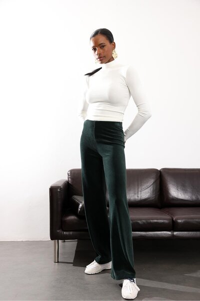 5in1Canpolat Green Velvet Trousers with Elastic Waist 8921