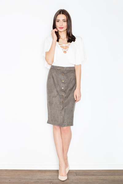 Figl Suede skirt with buttons, olive green, M453, size XL
