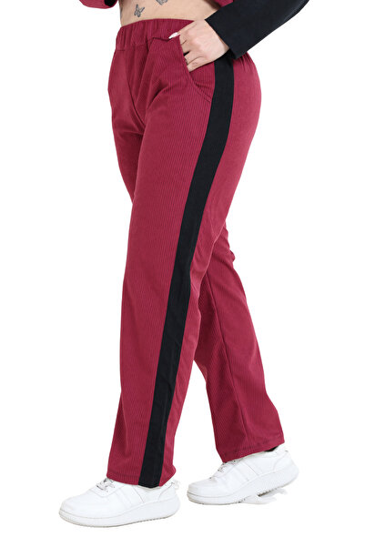 MELSAY Women's Plus Size Velvet Red-Black Color Block Tracksuit Set