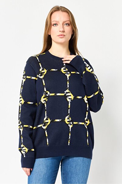 Lacoste Women Crew Neck Allover Print Long Sleeve Sweater, Navy