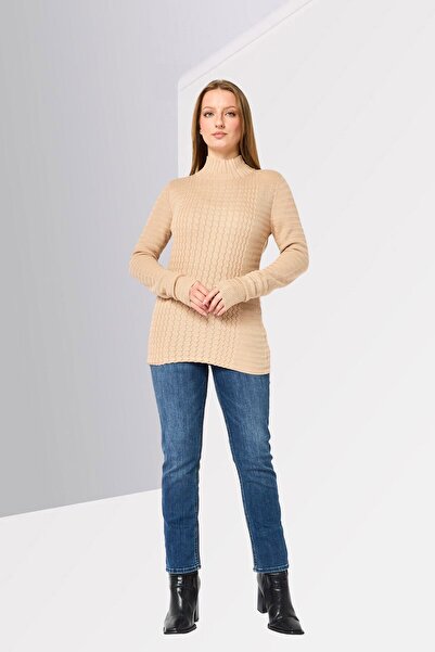 Lacoste Women Mock Neck Brand Logo Sweater, Beige