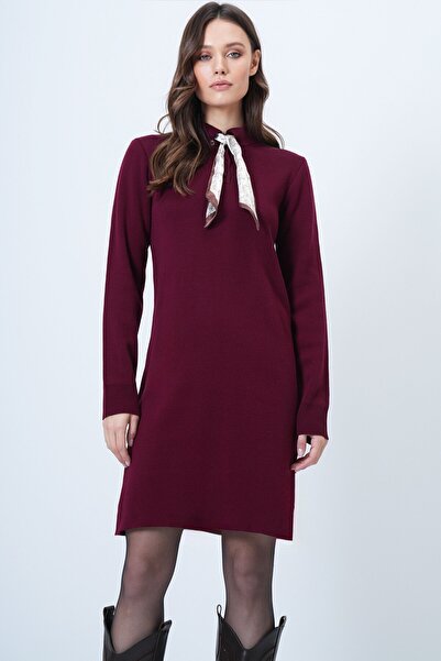 VAGGON Women's Burgundy Scarf Shirt Collar Mini Dress Vs01523
