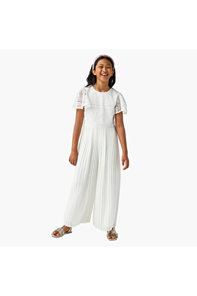 Juniors Laced Wide Leg Jumpsuit with Pleats and Round Neck