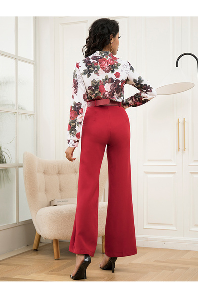 FridayIn Casual V-neck Solid color Splicing Regular sleeve Pants Suits