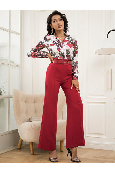 FridayIn Casual V-neck Solid color Splicing Regular sleeve Pants Suits
