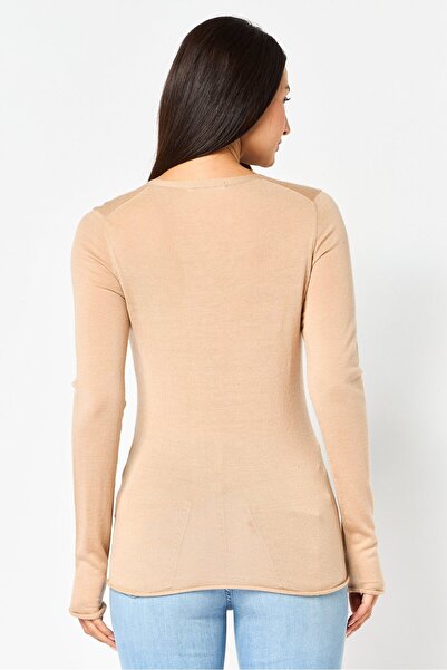 Lacoste Women V Neck Textured Sweater, Tan