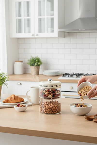 Sevinse Home Mood Double Cream Line Vacuum Lid Motto Glass Jar Set, Spice Jar, Sugar Bowl (750-600 ml)