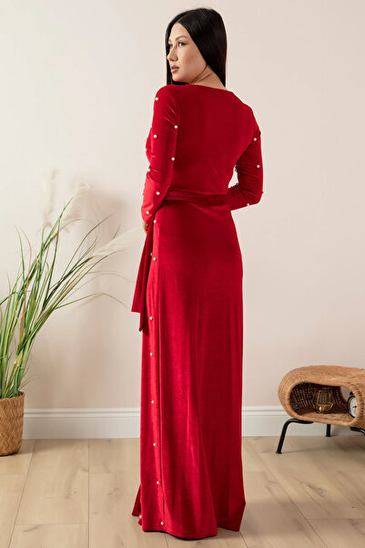 AZRA BUTİK Velvet Pearls Long Evening Dress Red