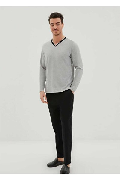 Kiğılı V-Neck Long Sleeve Chain Stitching on the Shoulder 2-Piece Cotton Pajama Set