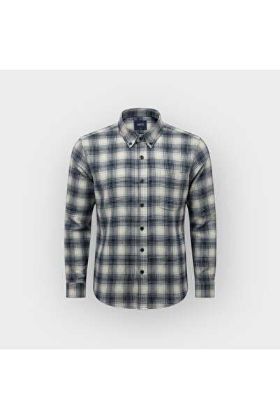 KAMER Regular Fit Winter Long Sleeve Buttoned Collar Plaid Gray Navy Blue Shirt 3872L