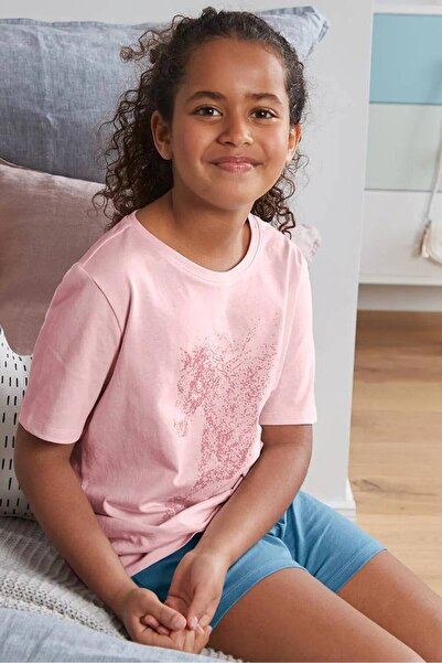 Tchibo Kids Girl 2 Pcs Pajama Top And Shorts Set, Pink and Blue