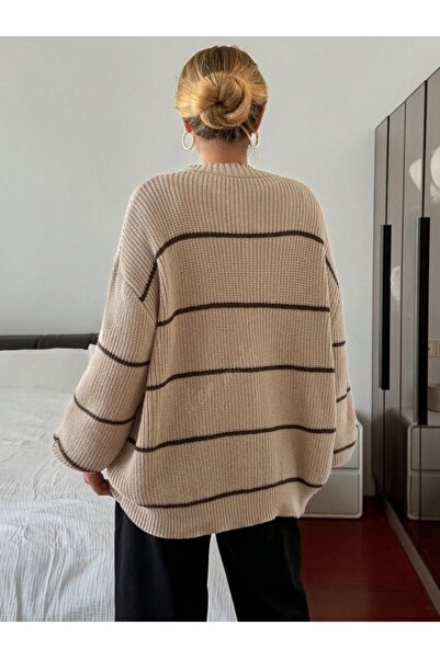 Dier Moda Women's Thin Striped Crew Neck over Size Knitwear Sweater, Knitwear Sweater Fmoda1200