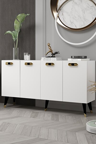 cantek dizayn 8220-32CT KB150 KONSOL,TV ÜNİTESİ BEYAZ-ALTIN-SİYAH