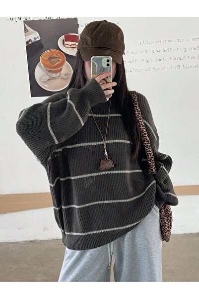 Dier Moda Women's Thin Striped Crew Neck over Size Knitwear Sweater, Knitwear Sweater Fmoda1200