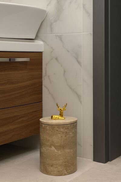 Modestmar Natural Travertine Trash Can - Gold Geyik Object
