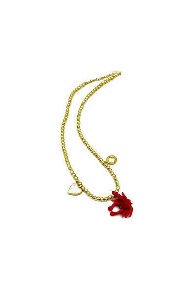 Cam Sanat Merkezi Handmade Red Murano Glass Crab Necklace – Summer Jewelry with Yellow Beads (25 cm)
