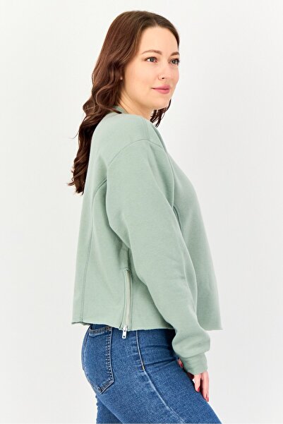No Comment Women Crew Neck Plain Long Sleeve Sweatshirt, Sage Green