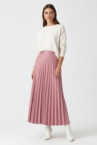 Mizalle Deri Görünümlü Piliseli Pudra Maksi Etek