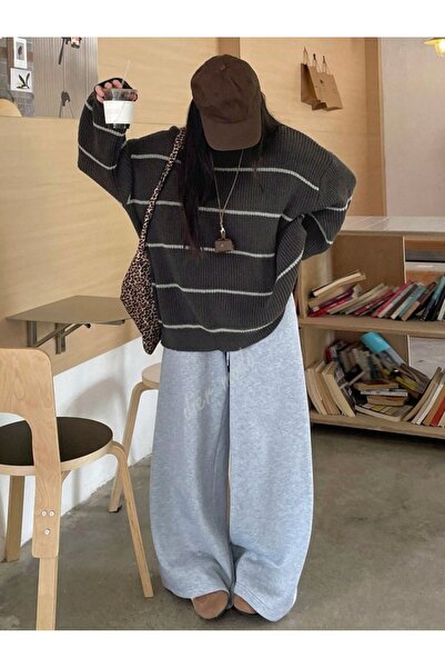 Dier Moda Women's Thin Striped Crew Neck over Size Knitwear Sweater, Knitwear Sweater Fmoda1200