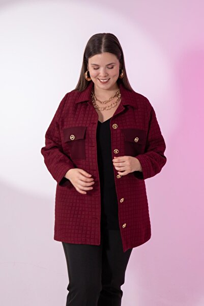 Roxxlen 3330725 Μπουφάν με κουμπιά μεγάλου μεγέθους με καπιτονέ λεπτομέρεια μπορντό