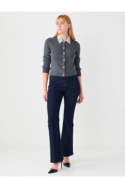 Jimmy Key Antrasit Dar Kesim Yakası İnci ve Taş Detaylı Triko Hırka