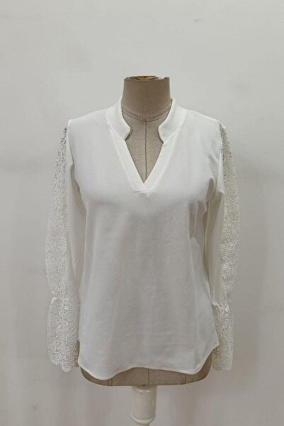 Mossta Hakim Collar Lace Sleeves Imported Crepe Blouse - White