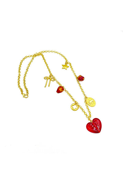 Cam Sanat Merkezi Handmade Red Murano Glass Heart Necklace – Minimal Love Design with Yellow Chain