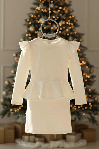 Parla Kids Girl's Diana Cream-Colored Long-Sleeved Dress with Ruffle Detail and Flounce Skirt