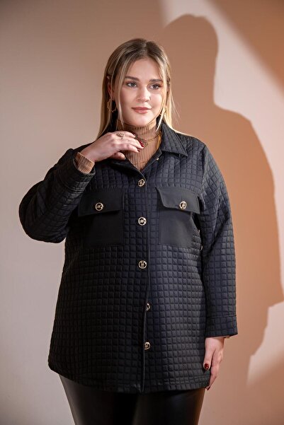 Roxxlen 3330725 Μπουφάν με κουμπιά μεγάλου μεγέθους με καπιτονέ μαύρο