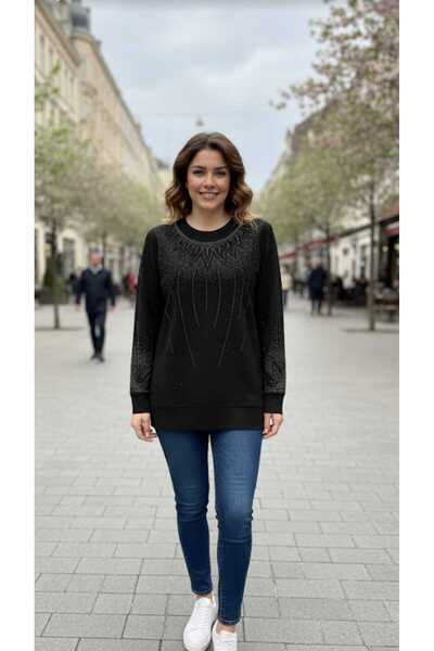 Aylin BLUZĂ TRICOTATĂ CU MÂNECĂ LUNGĂ, IMPRIMATĂ CU PIATRĂ PE FAȚĂ, CU TIV ȘI...