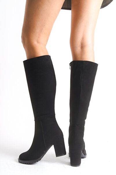 Ayakkabı Delisiyim Cizme de damă din piele intoarsa neagra cu toc gros, cu platforma, cu fermoar, cizme sub genunchi Seli