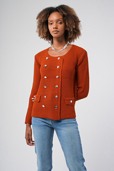 Hopoi Women's Metal Buttoned Double-Breasted Short Cardigan