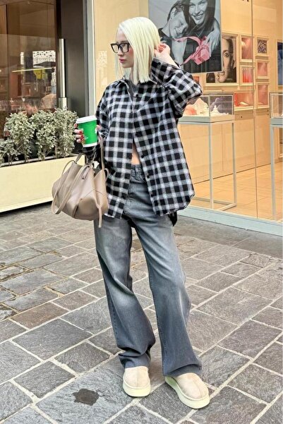 Madmext Black Oversized Plaid Patterned Women's Shirt Mg2589