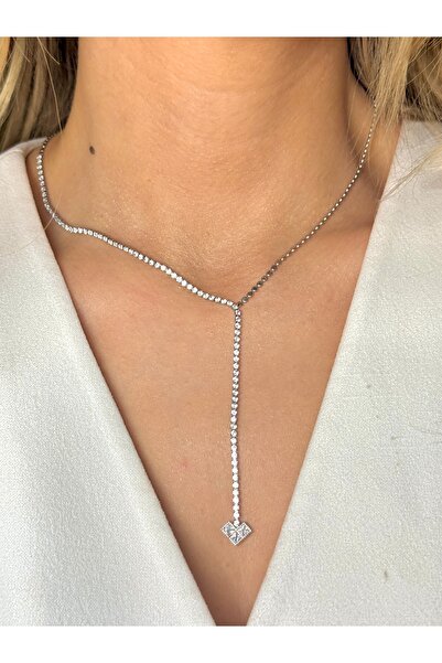 YOUES JEWELRY Çelik Zirkon Taşlı Su Yolu Y Kadın Kolye Gümüş Renk