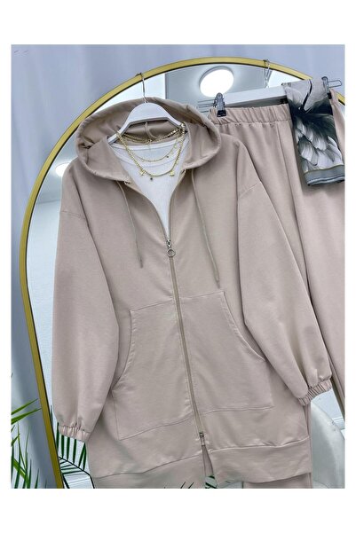 YEDİLALE Hooded Zippered Kangaroo Pocket Casual Jacket Pants Two-Piece Set