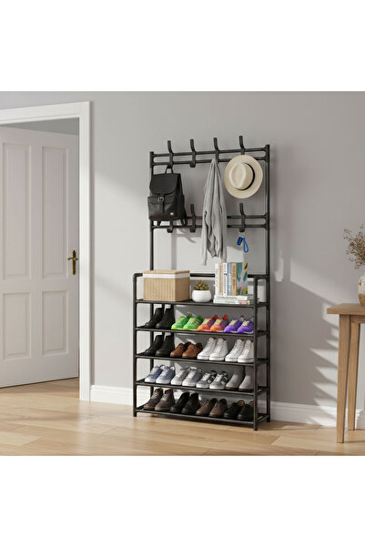 CHOIWIN رف أحذية متعدد الوظائف بخمس طبقات مع خطافات (80 × 26 × 172 سم) - منظم أنابيب فولاذية شديد التحمل للأحذية