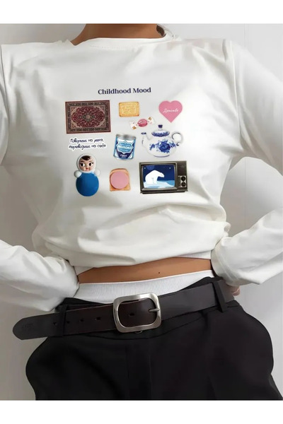 ELNOYA سويت شيرت مريح بأكمام طويلة للجنسين باللون الأبيض من مجموعة مطبوع Basi...