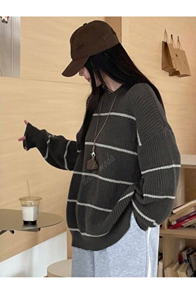 Dier Moda Women's Thin Striped Crew Neck over Size Knitwear Sweater, Knitwear Sweater Fmoda1200