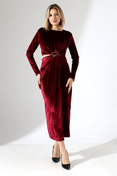 forte bella Velvet Low Waist Buckle Detailed Maxi Dress