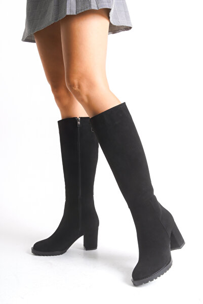 Ayakkabı Delisiyim Cizme de damă din piele intoarsa neagra cu toc gros, cu platforma, cu fermoar, cizme sub genunchi Seli
