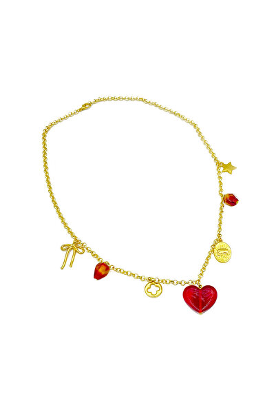 Cam Sanat Merkezi Handmade Red Murano Glass Heart Necklace – Minimal Love Design with Yellow Chain
