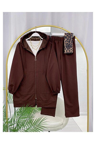 YEDİLALE Hooded Zippered Kangaroo Pocket Casual Jacket Pants Two-Piece Set