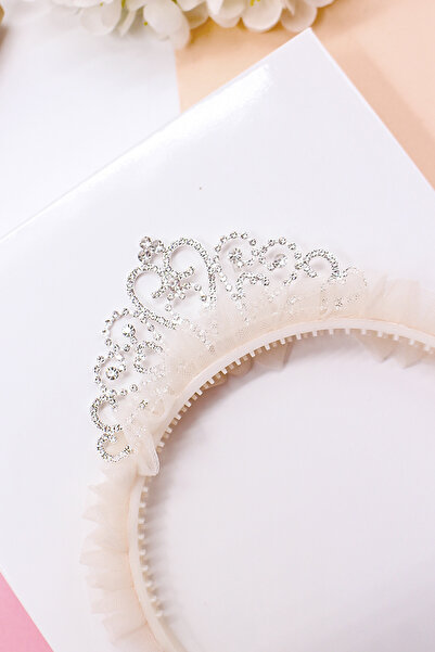VİTRİNMİXMİNİ Ecru Color Girl's Princess Crown with Stones and Combs - Boxed