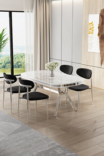 Canisa Olya Serisi 90x168 Lak Panel Beyaz Mermer Desen Masa Takımı Krom Ayakl...