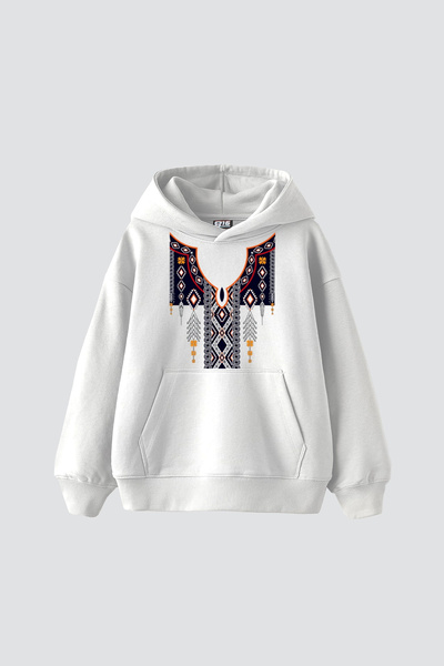 Sekizbiraltı Ethnic Pattern με τύπωμα oversized Unisex Λευκό φούτερ με κουκούλα