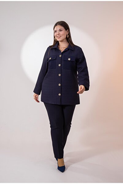 Roxxlen 3330725 Μπουφάν με κουμπιά με λεπτομέρειες και καπιτονέ σε μπλε ναυτικό