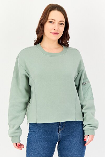 No Comment Women Crew Neck Plain Long Sleeve Sweatshirt, Sage Green