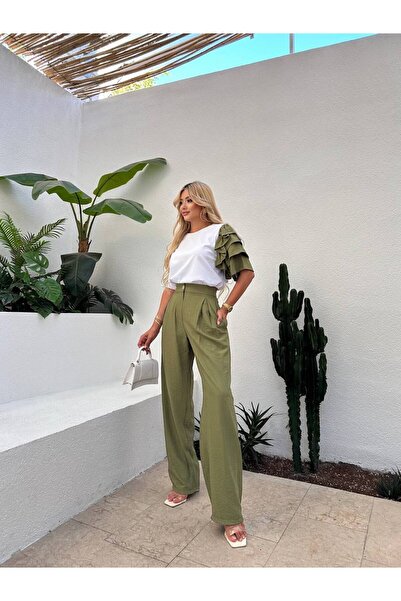 OLSAMODA Women's Sleeve-Detail T-Shirt Woven Casual Pants Double Set