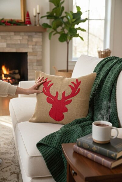 ANJEAHOME Sydney Christmas Patterned Wicker Throw Pillow Cover | 45X45 cm | Embossed Deer Motif | Washable Fabric